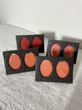 Vintage MCM Faux Reptile Leatherette Mini Double Oval Photo Frames X4